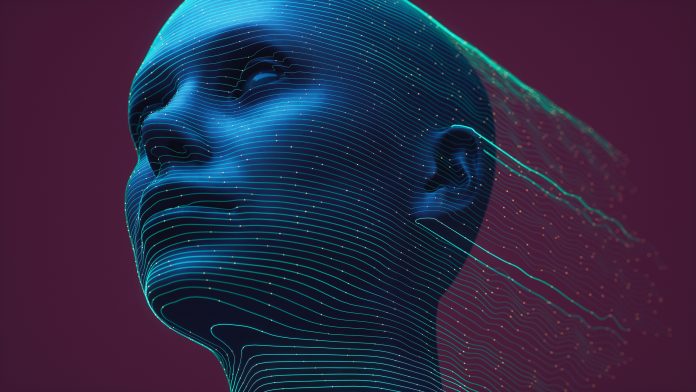 A conceptual 3D representation of a human head integrated with flowing neural network lines.
