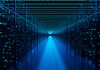 Server racks full of routers, switches and servers aligning on both sides of an aisle of a data center. Illustration of the concept of cloud computing and infrastructure as a service (IaaS)