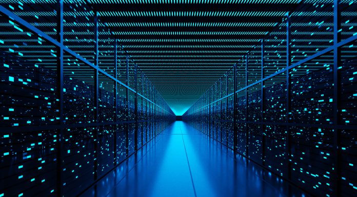 Server racks full of routers, switches and servers aligning on both sides of an aisle of a data center. Illustration of the concept of cloud computing and infrastructure as a service (IaaS)
