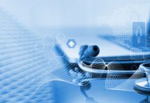 Medical technology, online health, global health network, medical online concept. Stethoscope and laptop computer with medical technology internet network connection, telemedicine technology