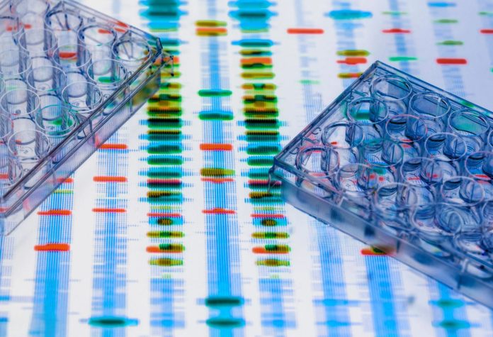 This image showcases genetic analysis with multi-well plates and a DNA sequencing background, representing lab research.
