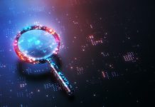 Digital Glitter Magnifying Glass on Technological Background, Search Engine Solution analysis Concept