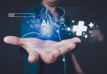 AI in healthcare concept. A person presents a glowing digital interface with an AI chip, search bar, scanning, and medical cross icons for accessing advanced health services.