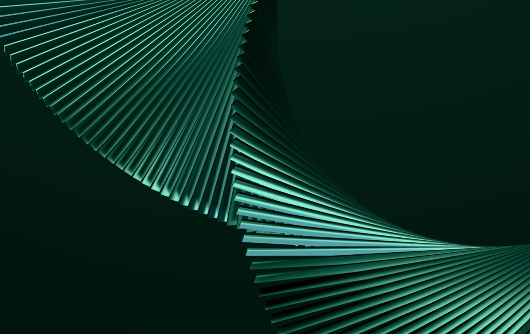 Abstract 3D Twisted Ribbon Structure with Luminous Green Gradient Lines on Dark Background Contemporary Spiral Wire Formation with Curved Linear Elements in Teal and Emerald Tones