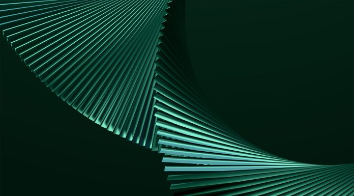 Contemporary Spiral Wire Formation with Curved Linear Elements in Teal and Emerald Tones