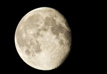 Shoot of a full moon, showing detail and craters against a black sky.
