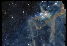 Image description: The focus of the image is a portion of LDN 1641, an interstellar nebula in the constellation of Orion. In this view, a deep-black background is sprinkled with a multitude of dots (stars) of different sizes and shades of bright white. Across the sea of stars, a web of fuzzy tendrils and ribbons in varying shades of orange and brown rises from the bottom of the image towards the top-right like thin coils of smoke.] CREDIT ESA/Euclid/Euclid Consortium/NASA, image processing by M. Schirmer (MPIA, Heidelberg)