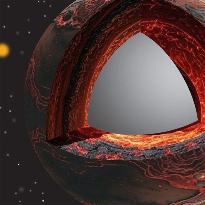 The illustration shows a cutaway revealing the interior of early Earth with a hot, melted layer above the boundary between the core and mantle. Scientists think some material from the core leaked into this molten layer and mixed in. Over time, that mixing helped create the uneven structure of Earth’s mantle that we see today. Credit Illustration by Yoshinori Miyazaki/Rutgers University