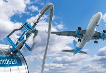 Decarbonising aviation fuels: The UK perspective Fuel nozzle with the inscription Hydrogen on a background of airplane and blue sky. Clean mobility concept