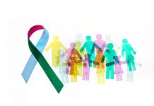 Rare Disease Day Background. Colorful awareness ribbon with group of people with rare diseases.