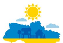 Vector illustration of a blue-yellow map of Ukraine.