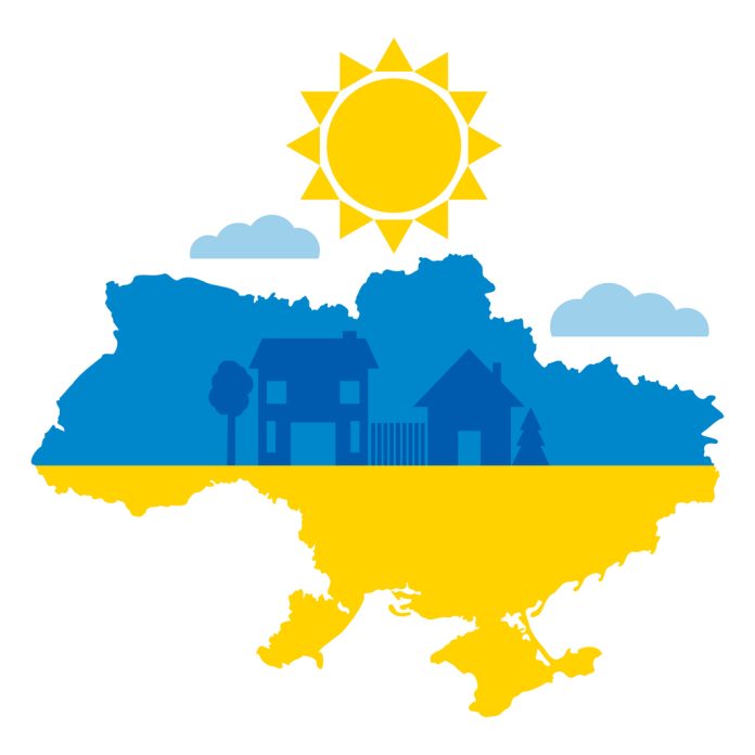 Vector illustration of a blue-yellow map of Ukraine.