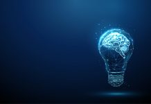 Abstract blue glowing light bulb with brains inside. Low poly style design. Abstract geometric background. Wireframe light connection structure. Modern 3d graphic concept. Vector illustration.