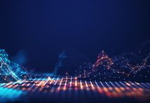 Photonics research paves the way for energy-efficient, scalable AI data centres Abstract connected dots and lines. Concept of AI technology, Motion of digital data flow.