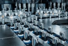 High Capacity Battery on Conveyor. Lithium-ion Cells for High-voltage Electric Vehicle Batteries Manufacturing Process. Battery Cells for Automotive Industry on Production Line.