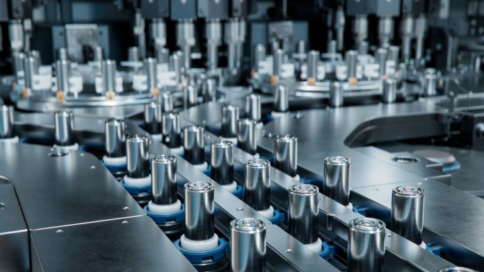 High Capacity Battery on Conveyor. Lithium-ion Cells for High-voltage Electric Vehicle Batteries Manufacturing Process. Battery Cells for Automotive Industry on Production Line.