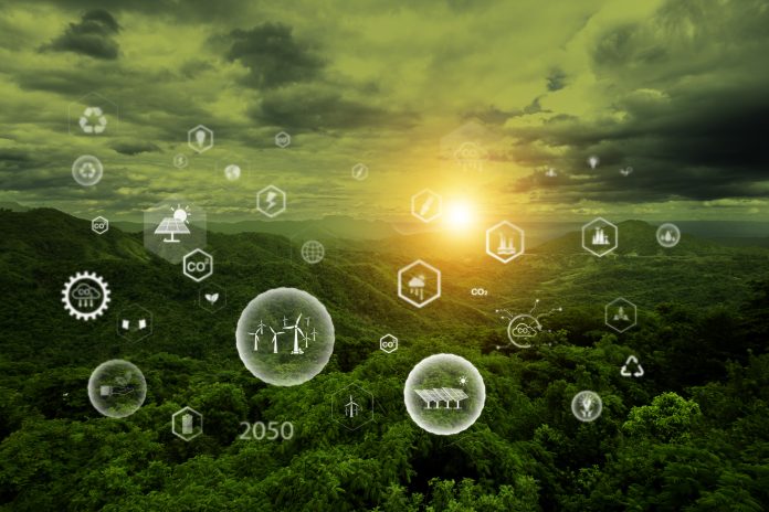 Net zero in 2050, ESG eco concept. green nature The concept of reaching net zero Round green energy icon Invest in environment, society and governance. Carbon dioxide emission in industry net zero.