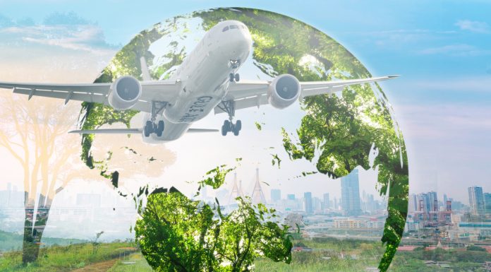 Sustainable aviation fuel concept. Net zero emissions flight. Sustainability transportation. Eco-friendly aviation fuel. Air travel. Future of flight with green innovation. Airplane use biofuel energy