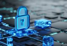 Unifying network performance and cybersecurity with Secure Nexus Network security and data safety concept. Shield, glass 3d icon on abstract dark geometric background as symbol of data server or computer network