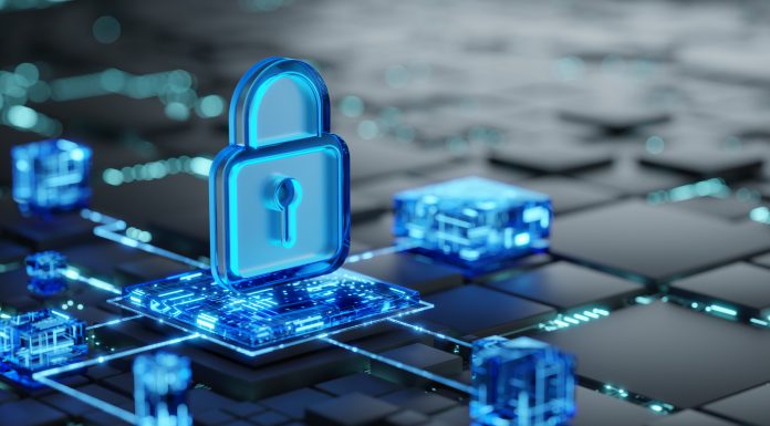 Network security and data safety concept. Shield, glass 3d icon on abstract dark geometric background as symbol of data server or computer network