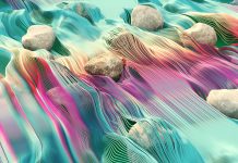 Rare earth, critical minerals, and bio-molecules: Centering African IPLCs in the new resource economy Multicolored flowing data like a river with stones, ESG, green technology, sustainability and responsible business concepts, 3d render.