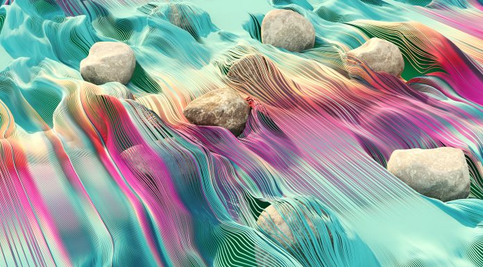 Multicolored flowing data like a river with stones, ESG, green technology, sustainability and responsible business concepts, 3d render.