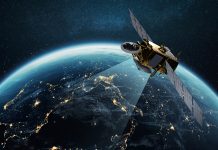 New Copernicus satellite launch strengthens Europe’s eye on Earth Communication and Telecommunications from Space. Broadcasting, Concept. Communication satellite flies near the night planet earth with night lights of megacities in space with stars. Europe