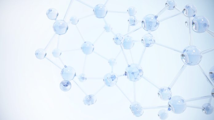 A close-up view of glowing molecular structures under a blue background representing scientific research and chemistry concepts