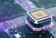 Futuristic central processor unit. Powerful Quantum CPU on motherboard with data transfers.