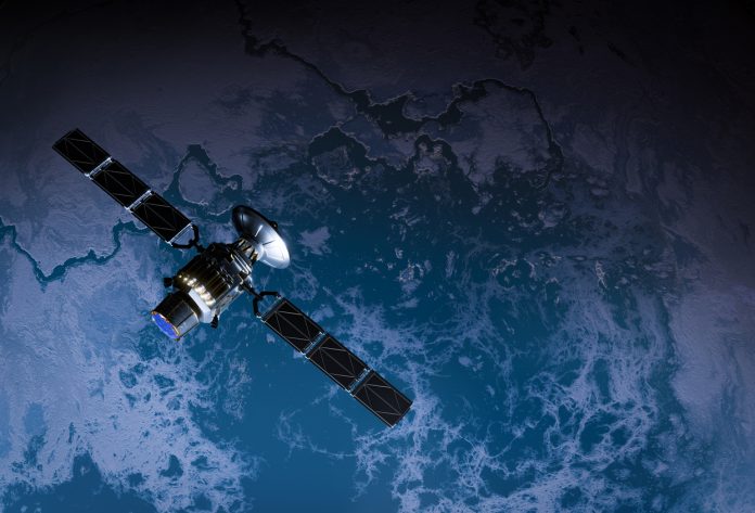 Satellite in Space over rocky planet 3D illustration