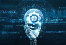 E-governance integration, Hands of robot hold e-governance platform, policy management, administrative efficiency, cybersecurity, public services, and data-driven technology.