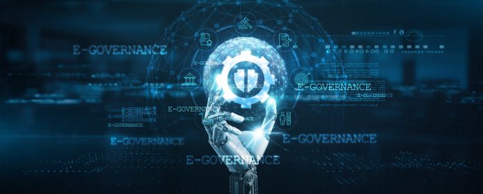 E-governance integration, Hands of robot hold e-governance platform, policy management, administrative efficiency, cybersecurity, public services, and data-driven technology.