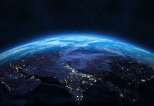 Nightly Earth planet in outer space. Night on planet with cities lights. Near East or Middle East. Central, West, South, East Asia at night viewed from space, high resolution image. This image elements furnished by NASA. ______ Url(s): https://visibleearth.nasa.gov/images/144898/earth-at-night-black-marble-2016-color-maps/144945l https://visibleearth.nasa.gov/images/57747/blue-marble-clouds/77558l Adobe Photoshop CC 2023. Knoll light factory. Adobe After Effects CC 2021.