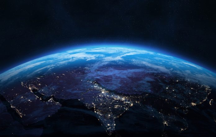 Nightly Earth planet in outer space. Night on planet with cities lights. Near East or Middle East. Central, West, South, East Asia at night viewed from space, high resolution image. This image elements furnished by NASA. ______ Url(s): https://visibleearth.nasa.gov/images/144898/earth-at-night-black-marble-2016-color-maps/144945l https://visibleearth.nasa.gov/images/57747/blue-marble-clouds/77558l Adobe Photoshop CC 2023. Knoll light factory. Adobe After Effects CC 2021.