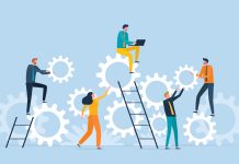 Flat vector illustration design Business process concept and business team working meeting for project brainstorming. cooperation and collaboration teamwork.