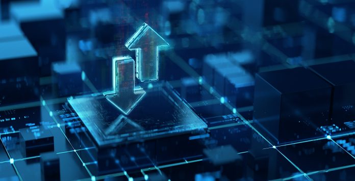 Digital Arrows icon as a symbol of file transfer and update. Digital technology background