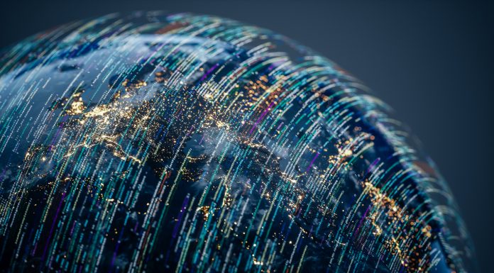 Conceptual image of Earth with data streams and digital overlays, ideal for themes involving artificial intelligence, big data, and global tech innovation.