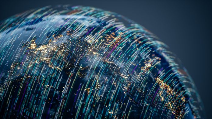 Conceptual image of Earth with data streams and digital overlays, ideal for themes involving artificial intelligence, big data, and global tech innovation.
