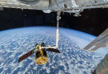 The new HTV-X1 cargo spacecraft from JAXA (Japan Aerospace Exploration Agency) is pictured in the grips of the Canadarm2 robotic arm after completing its arrival at the International Space Station on Oct. 29, 2025. Image: ©NASA