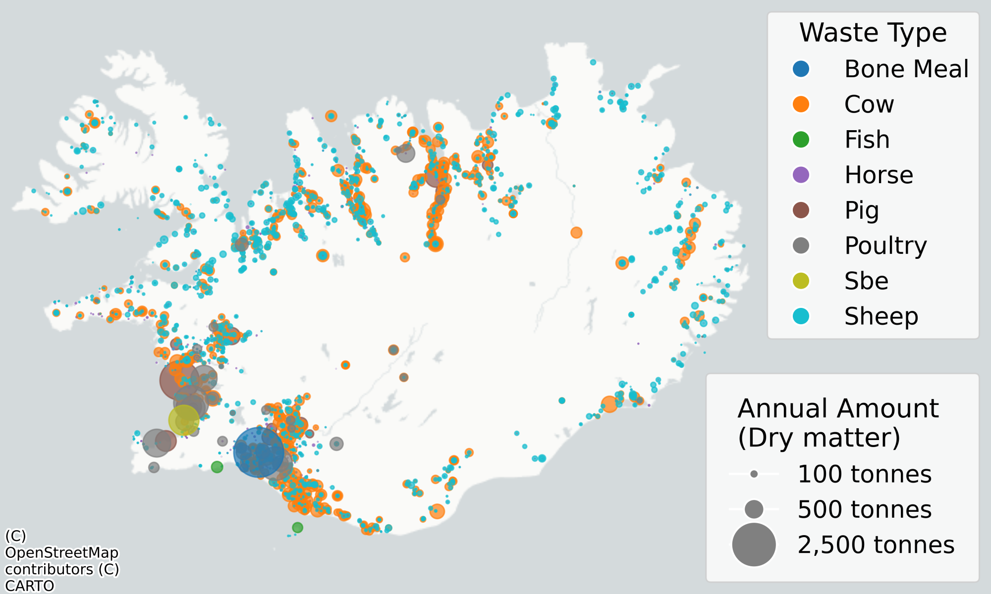 Figure 3: Heatmap of Iceland showing locationsand amounts of different organic waste.