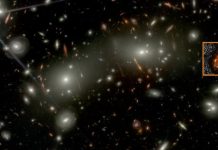 Image of the newly discovered spiral galaxy Alaknanda (inset) as observed in the shorter wavelength JWST bands. Several bright galaxies from the foreground Abell 2744 cluster are also seen. Credit © NASA/ESA/CSA, I. Labbe/R. Bezanson/Alyssa Pagan (STScI), Rashi Jain/Yogesh Wadadekar (NCRA-TIFR)