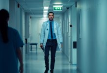Determined Handsome Doctor Wearing White Coat with Stethoscope Walks Through Hospital Hallway. Modern Bright Clinic with Professional Staff.