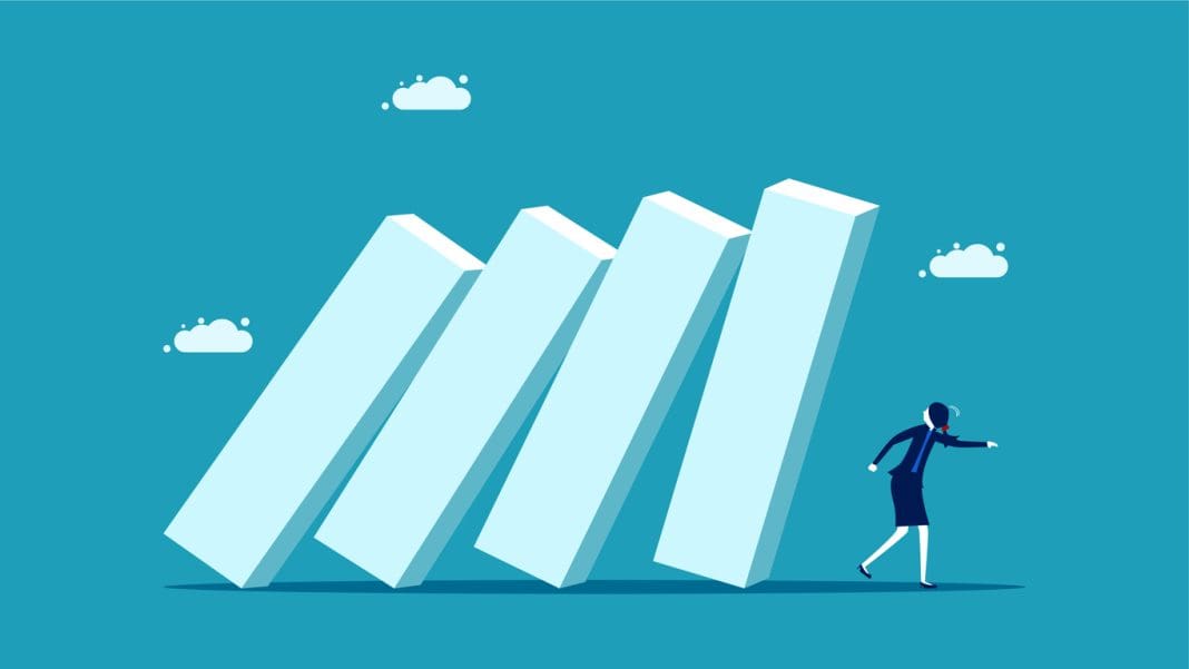 Avoid crises. A business woman escapes from a falling square block. vector illustration