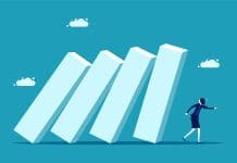 Avoid crises. A business woman escapes from a falling square block. vector illustration