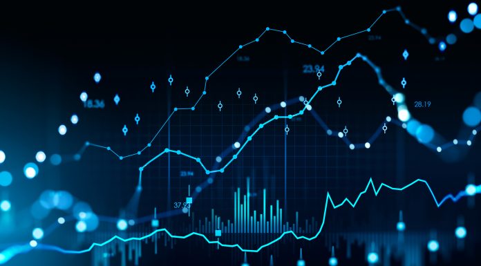 Stock market changes, forex hologram with numbers and bar chart with candlesticks. Concept of economy and online trading. 3D rendering