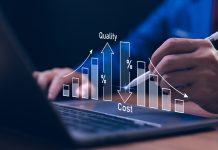 Legal Panel Framework strengthens public sector procurement Cost and quality control, concept of balancing efficiency and cost in business strategy. Project management. Businessman working on digital laptop with quality control growth graph and cost reduction.