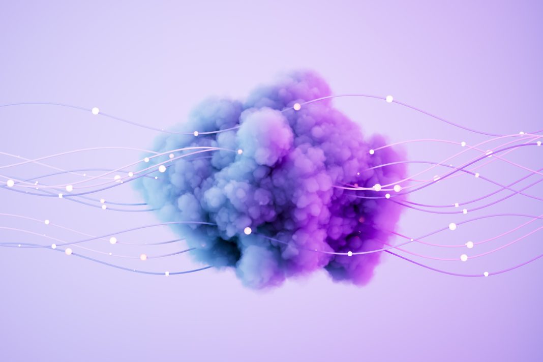 A digitally generated image featuring a glowing cloud intertwined with neon wires, symbolizing cloud computing, digital networks and futuristic technology. This conceptual design represents data connectivity, AI-driven cloud systems and modern IT infrastructure, making it ideal for technology, cybersecurity and cloud storage themes.