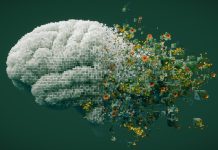 3D illustration of a human brain constructed from digital cubes dissolving into natural elements like flowers and greenery, symbolizing the fusion of technology and nature on a dark green background.