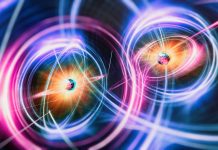 The building block of reality: Information Quantum Entanglement - 3d rendered image Abstract visualization of a Two entangled particles connected by a glowing beam of light, representing quantum entanglement and non-local connections in quantum physics.