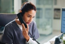 Digital pathology in the cloud: Driving interoperability, AI integration, and future-ready diagnosis Woman, serious or doctor in hospital for phone call, medical discussion or update patient condition. Healthcare, surgeon or talk at tech for planning surgery, insurance request or contact next of kin